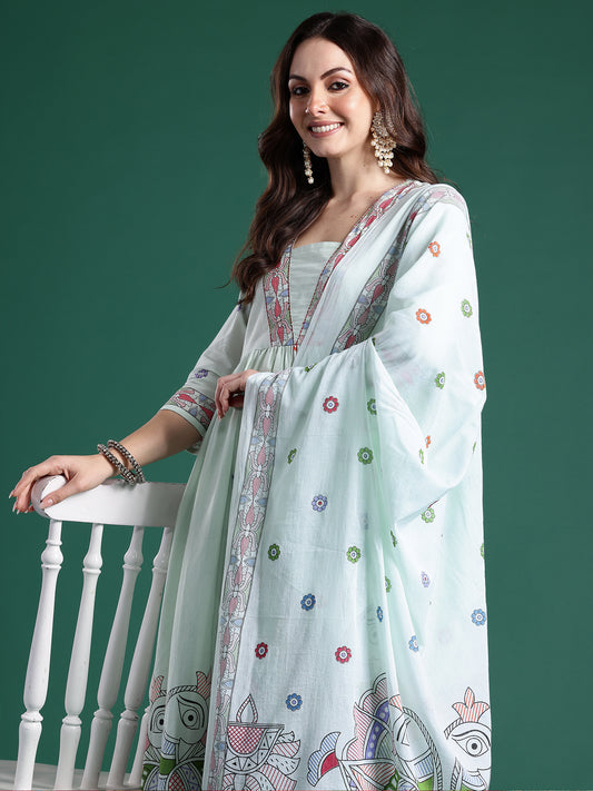 Cream Embroidered Straight Kurta Trousers With Dupatta Set