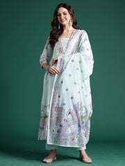 Cream Embroidered Straight Kurta Trousers With Dupatta Set