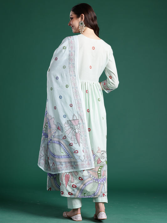 Cream Embroidered Straight Kurta Trousers With Dupatta Set