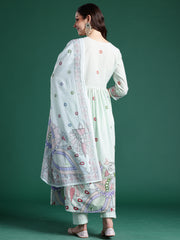 Cream Embroidered Straight Kurta Trousers With Dupatta Set
