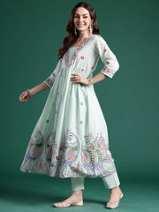 Cream Embroidered Straight Kurta Trousers With Dupatta Set