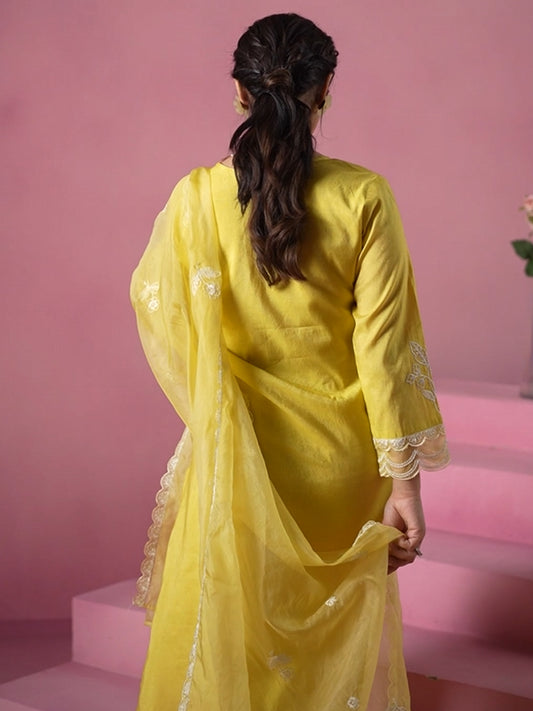 White Printed A-Line Kurta Trousers With Dupatta Set