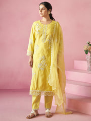 White Printed A-Line Kurta Trousers With Dupatta Set