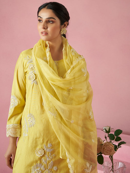 White Printed A-Line Kurta Trousers With Dupatta Set
