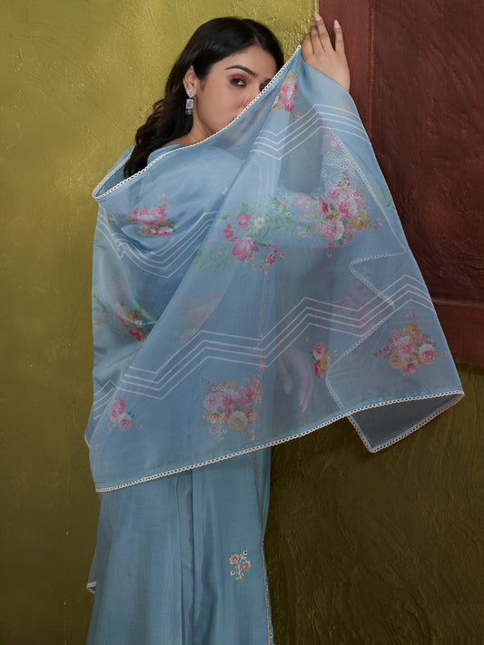 Blue Embroidered Straight Kurta Trousers With Dupatta set