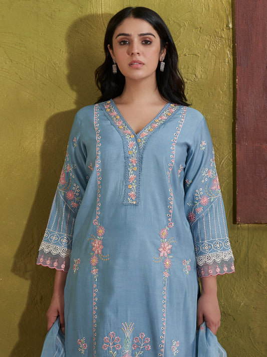 Blue Embroidered Straight Kurta Trousers With Dupatta set