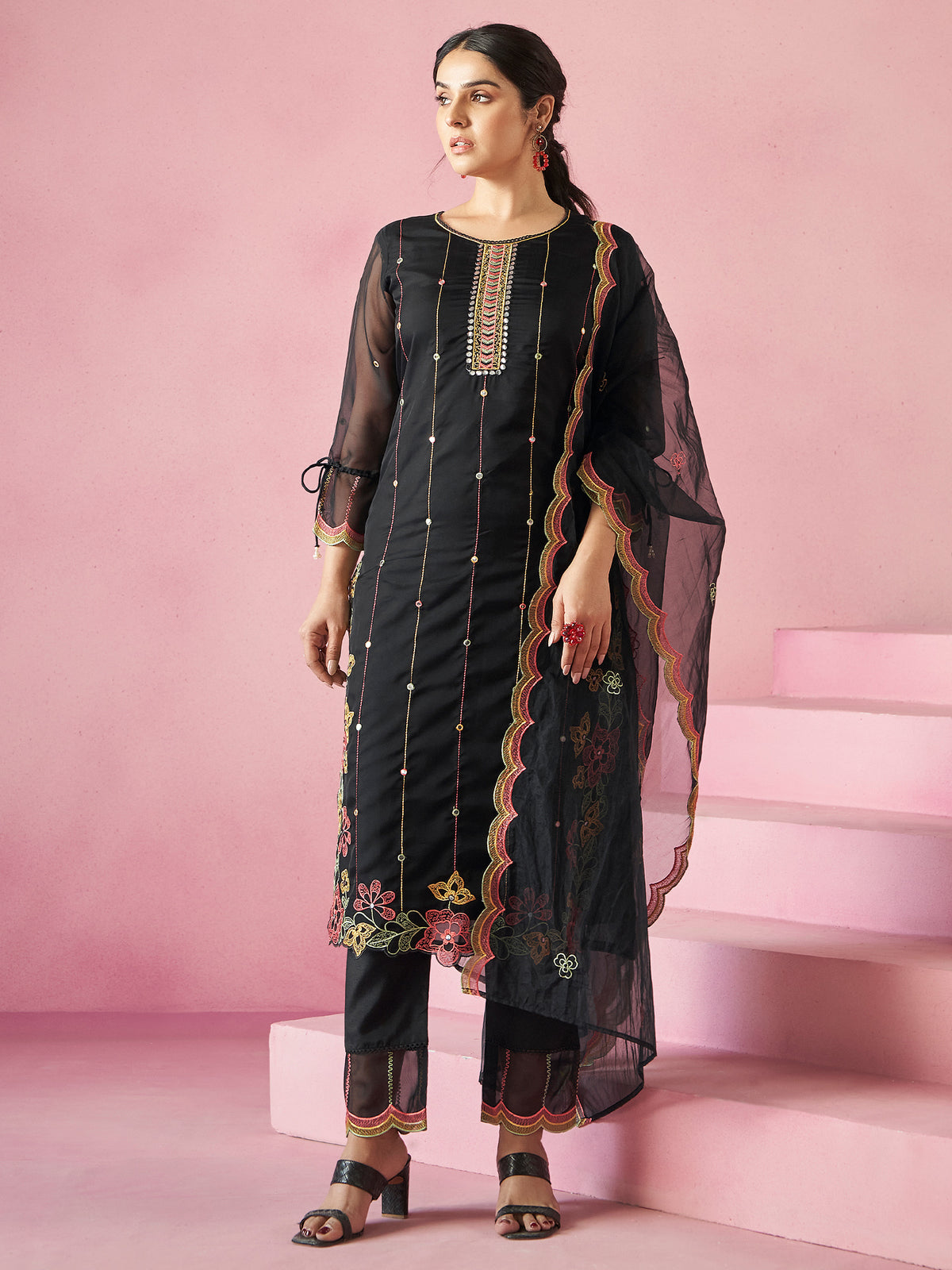 Black Embroidered Straight Kurta Trousers With Dupatta set-KH9BK11649