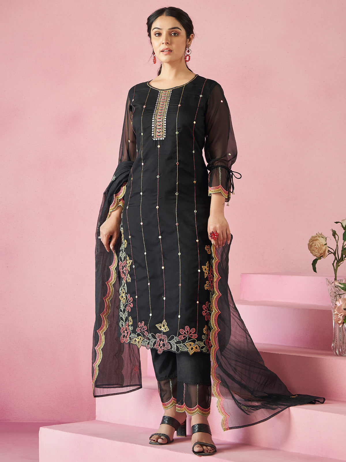 Black Embroidered Straight Kurta Trousers With Dupatta set-KH9BK11649