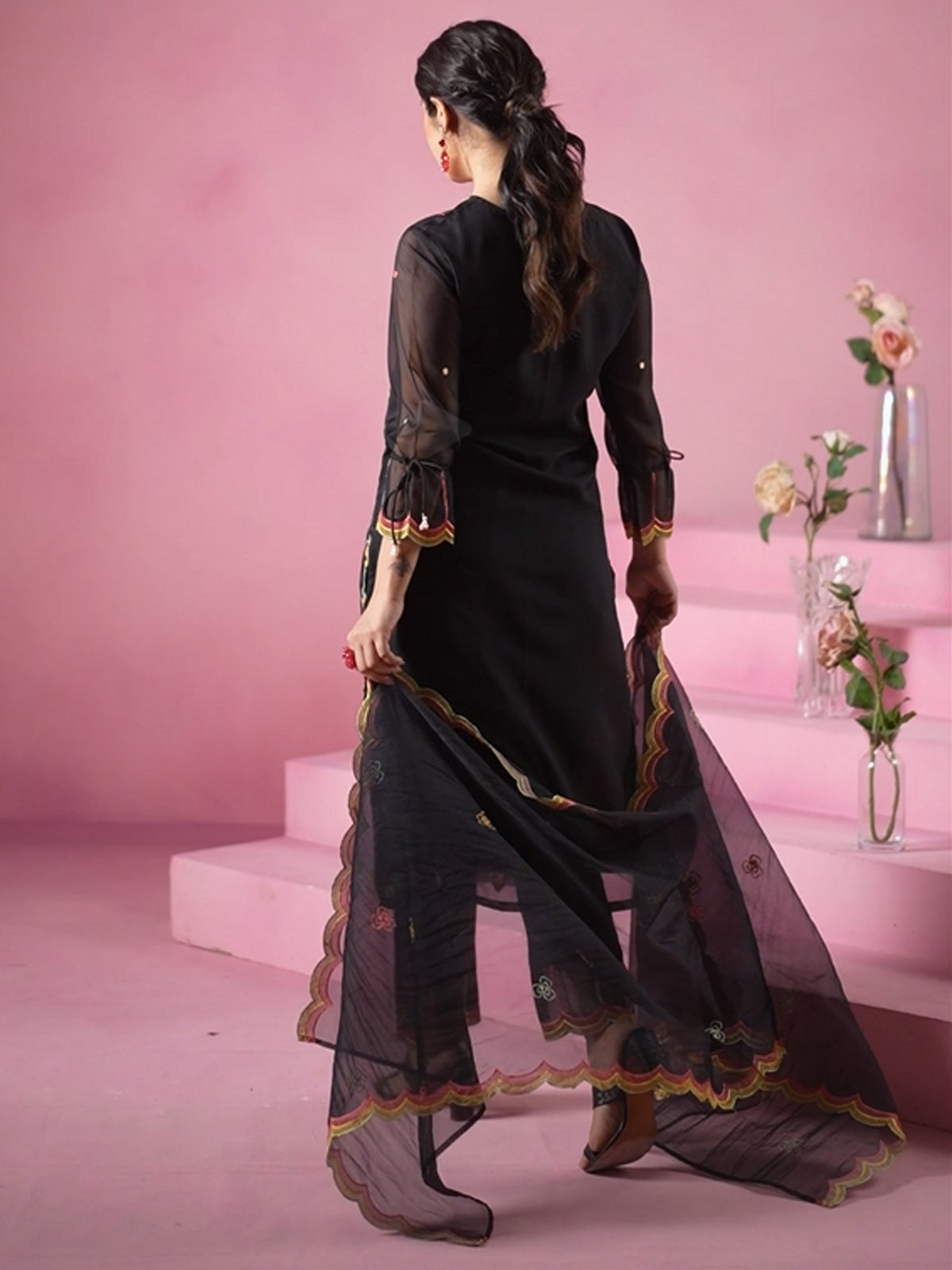 Black Embroidered Straight Kurta Trousers With Dupatta set-KH9BK11649