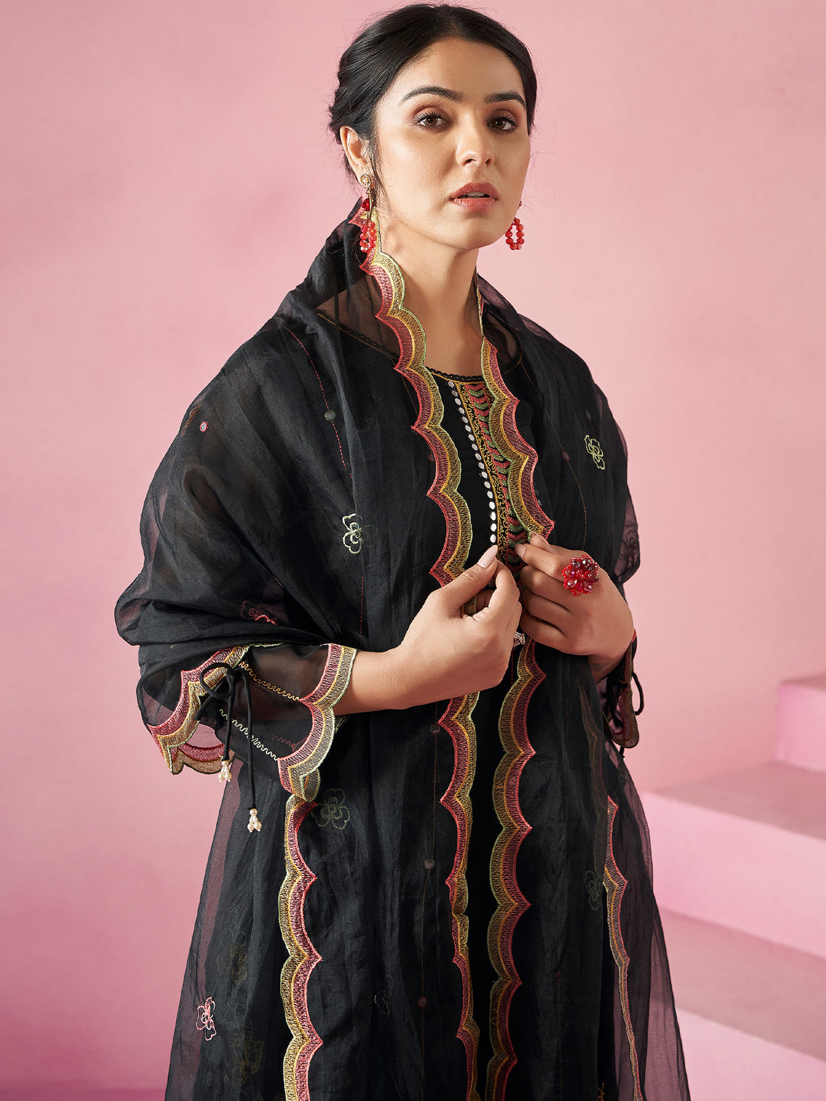 Black Embroidered Straight Kurta Trousers With Dupatta set-KH9BK11649