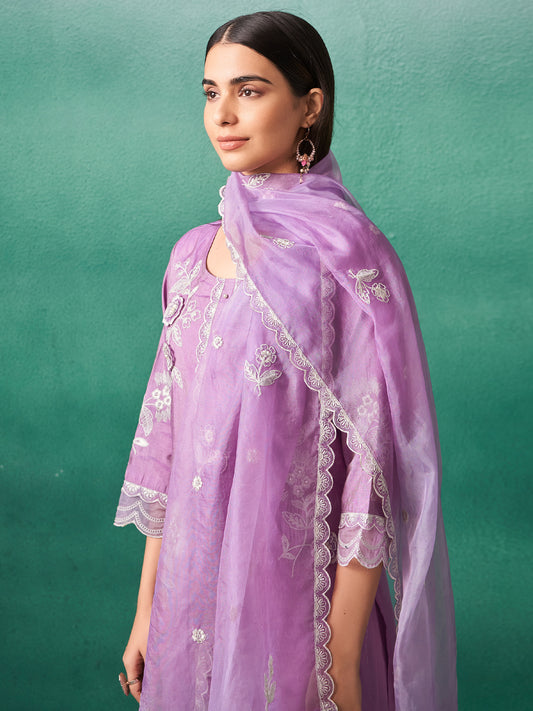 Mauve Embroidered Straight Kurta Trousers With Dupatta set