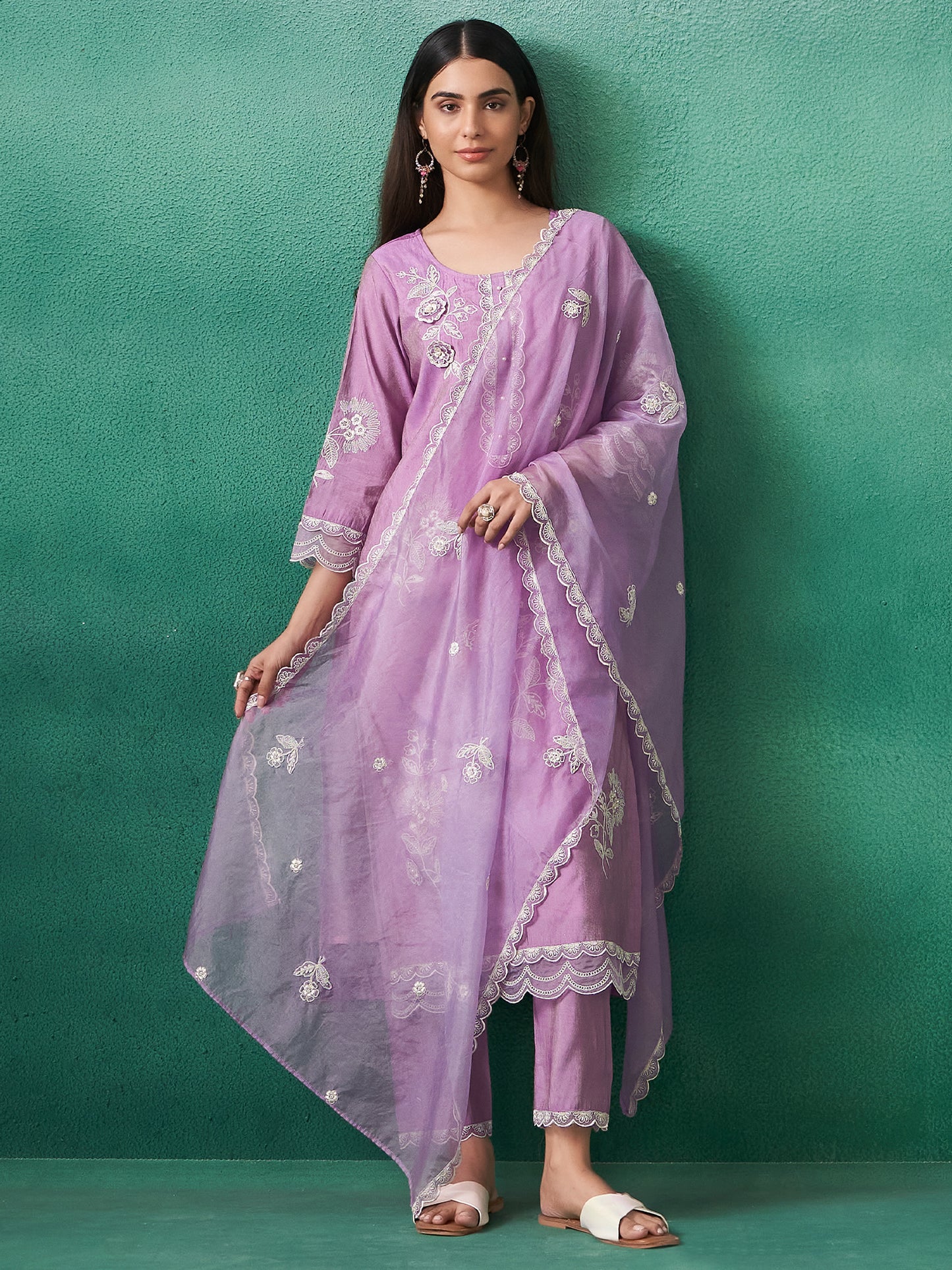 Lavender Embroidered Straight Kurta Trousers With Dupatta set