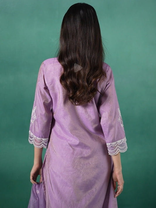 Mauve Embroidered Straight Kurta Trousers With Dupatta set