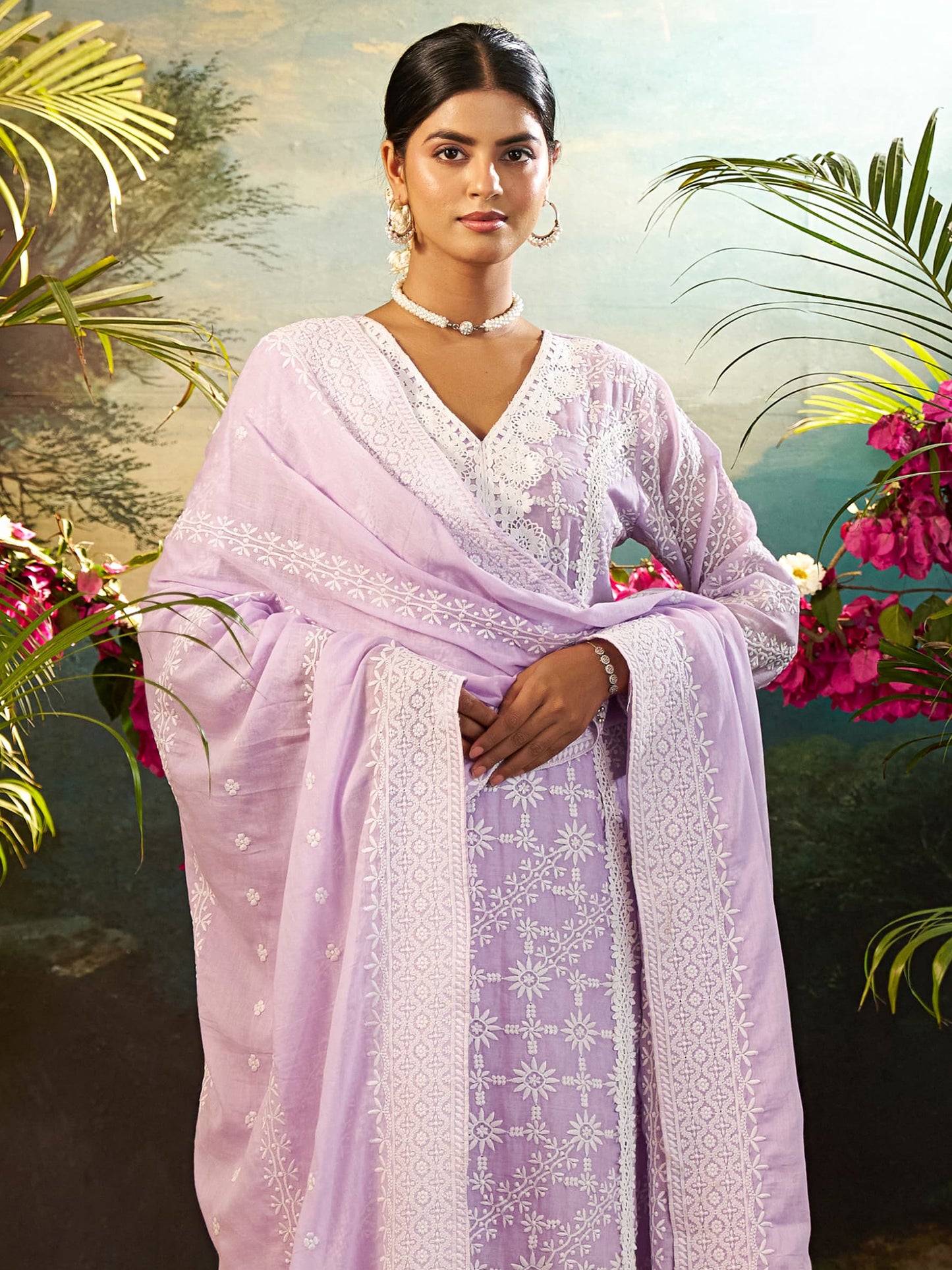 Purple Embroidered Straight Kurta Trousers With Dupatta Set