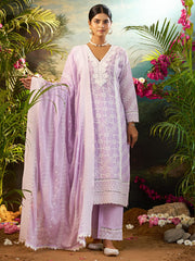 Purple Embroidered Straight Kurta Trousers With Dupatta Set