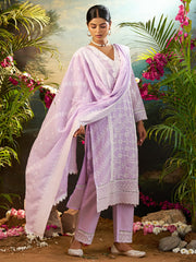 Purple Embroidered Straight Kurta Trousers With Dupatta Set