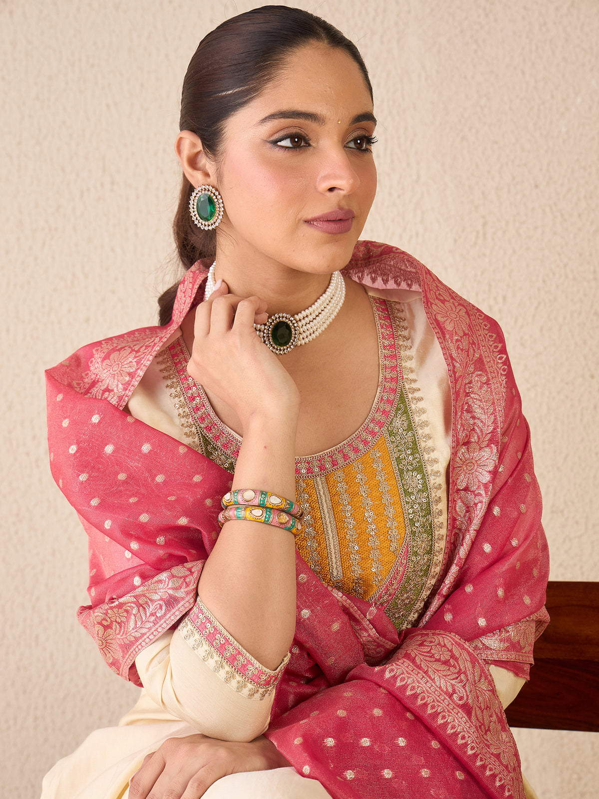 Green Embroidered Straight Kurta Trousers With Dupatta set