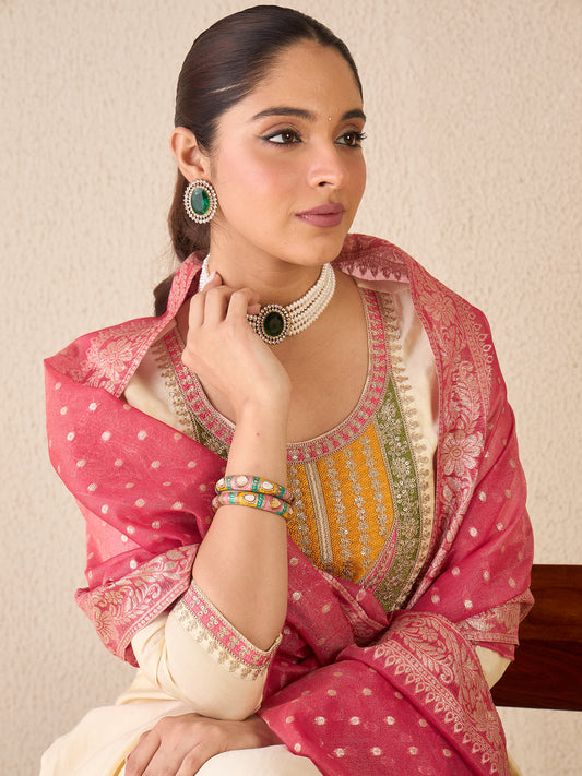 Green Embroidered Straight Kurta Trousers With Dupatta set