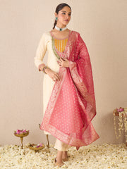 Green Embroidered Straight Kurta Trousers With Dupatta set