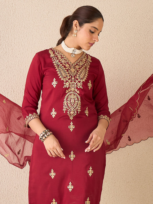 Maroon Embroidered Straight Kurta Trousers With Dupatta Set