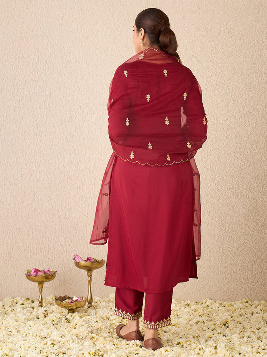 Purple Embroidered A-Line Kurta Trousers With Dupatta Set