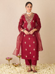 Purple Embroidered A-Line Kurta Trousers With Dupatta Set