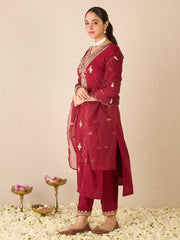 Purple Embroidered A-Line Kurta Trousers With Dupatta Set