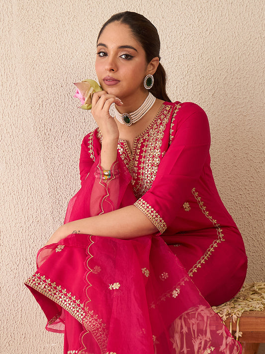 Burgundy Embroidered Straight Kurta Trousers With Dupatta set
