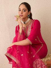 Burgundy Embroidered Straight Kurta Trousers With Dupatta set