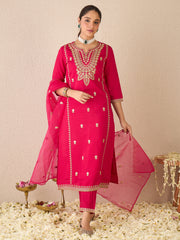 Burgundy Embroidered Straight Kurta Trousers With Dupatta set