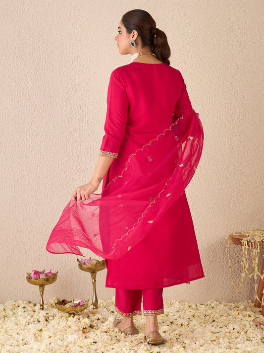 Burgundy Embroidered Straight Kurta Trousers With Dupatta set