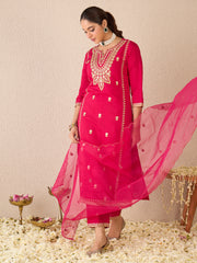 Burgundy Embroidered Straight Kurta Trousers With Dupatta set