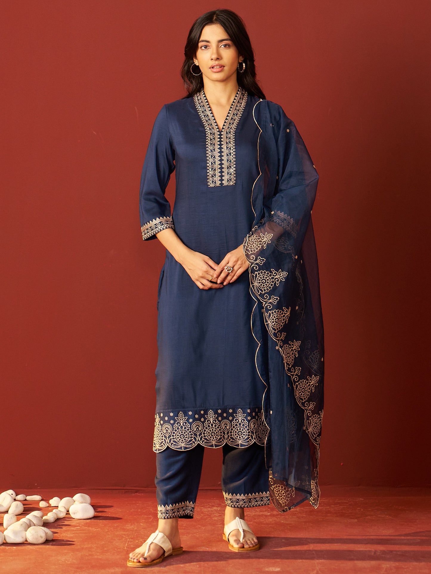 Navy Blue Embroidered Straight Kurta Trousers With Dupatta set