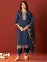 Navy Blue Embroidered Straight Kurta Trousers With Dupatta set