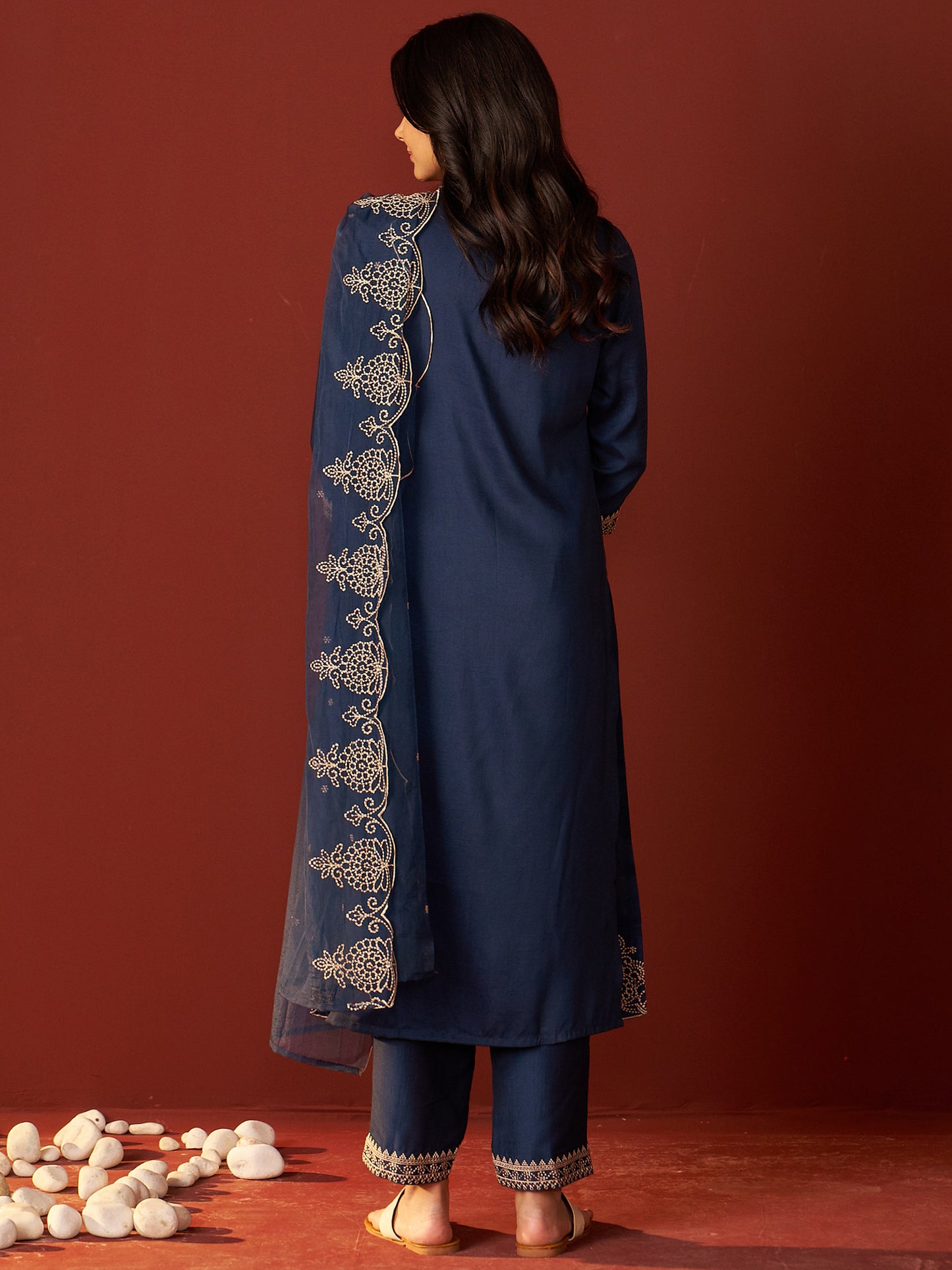 Navy Blue Embroidered Straight Kurta Trousers With Dupatta set