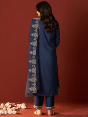 Navy Blue Embroidered Straight Kurta Trousers With Dupatta set