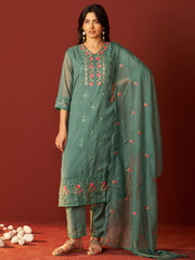 Green Embroidered Straight Kurta Trousers With Dupatta set
