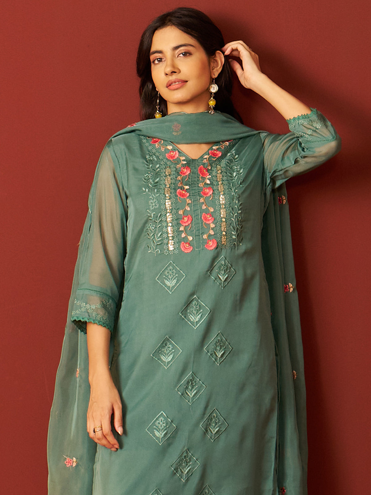 Green Embroidered Straight Kurta Trousers With Dupatta set