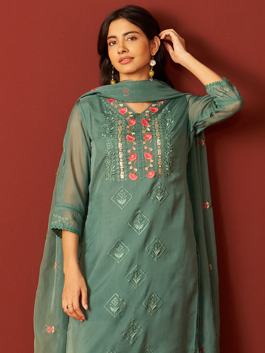 Green Embroidered Straight Kurta Trousers With Dupatta set