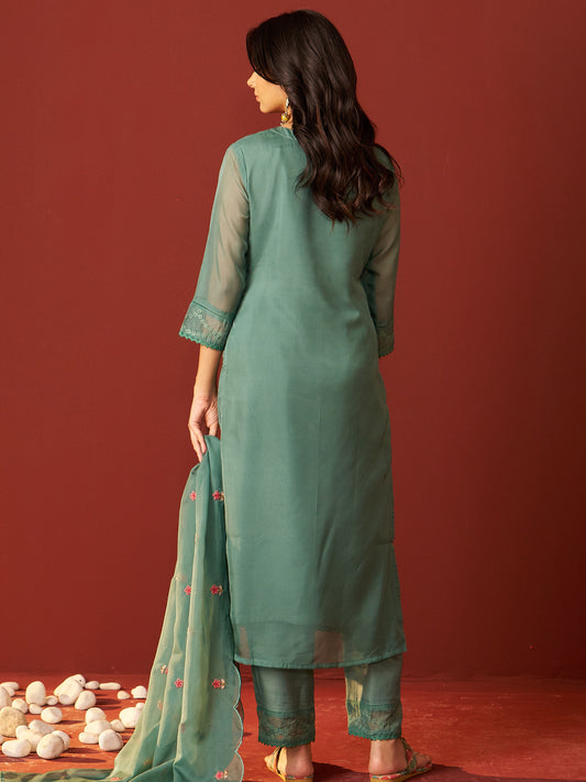 Green Embroidered Straight Kurta Trousers With Dupatta set