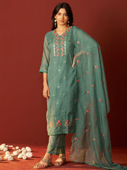 Green Embroidered Straight Kurta Trousers With Dupatta set