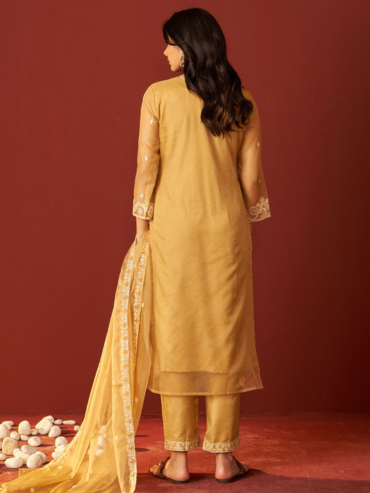 Blue Printed Straight Kurta Trousers With Dupatta Set