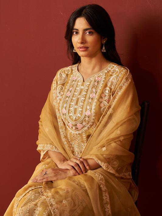 Blue Printed Straight Kurta Trousers With Dupatta Set
