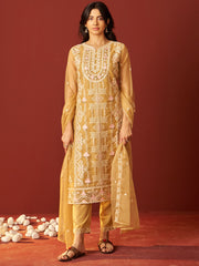 Blue Printed Straight Kurta Trousers With Dupatta Set