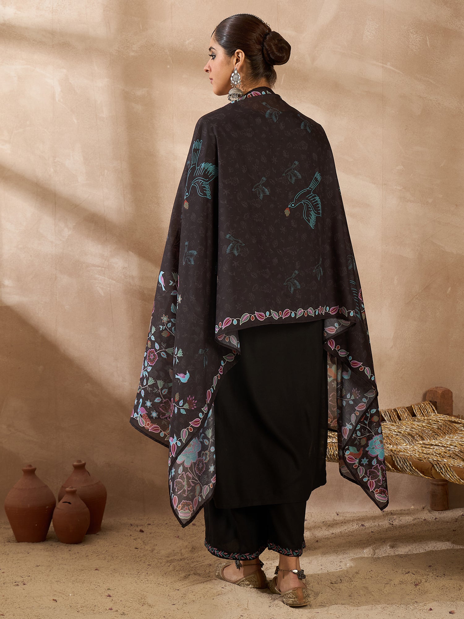 Black Solid Straight Kurta Trousers With Dupatta set