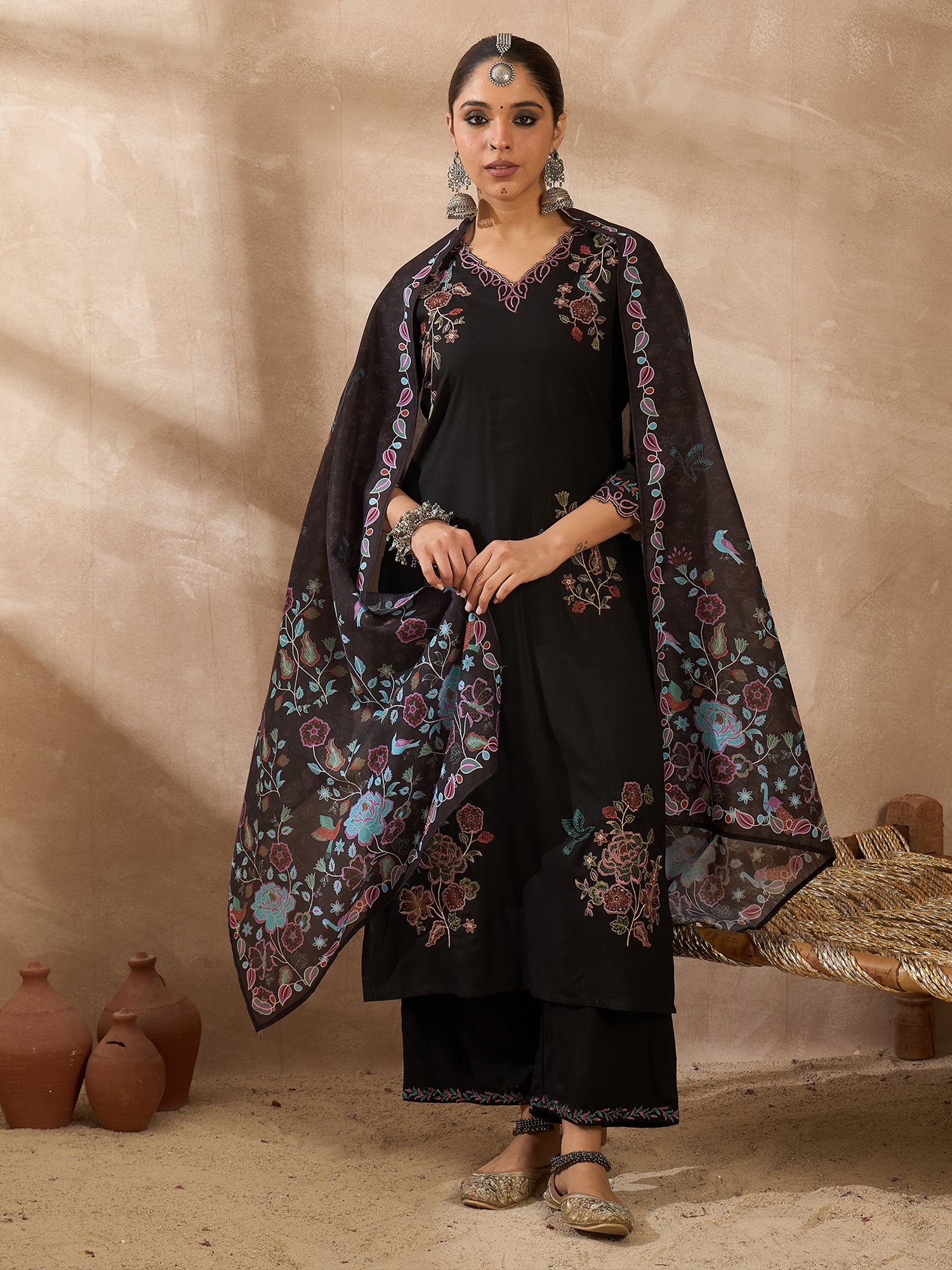 Black Solid Straight Kurta Trousers With Dupatta set