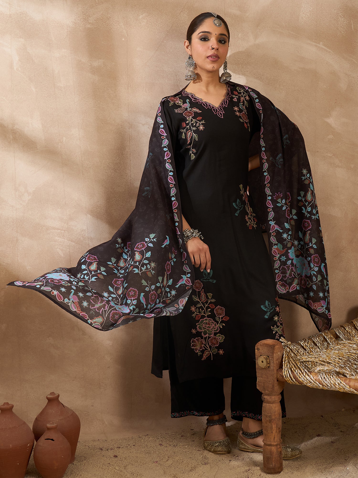 Black Solid Straight Kurta Trousers With Dupatta set