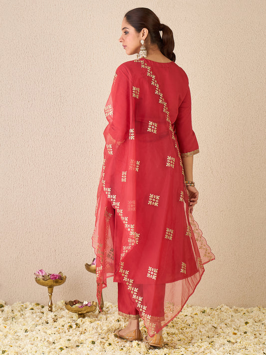Pink Embroidered Straight Kurta Trousers With Dupatta set