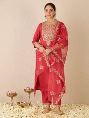 Pink Embroidered Straight Kurta Trousers With Dupatta set