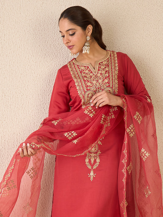 Pink Embroidered Straight Kurta Trousers With Dupatta set